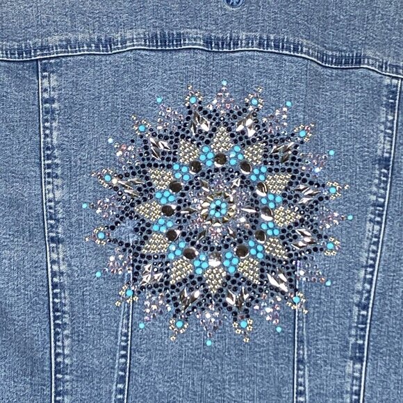 Christine Alexander Trucker Jacket Women L Blue Denim Rhinestone Mandala Crystal - Picture 14 of 16